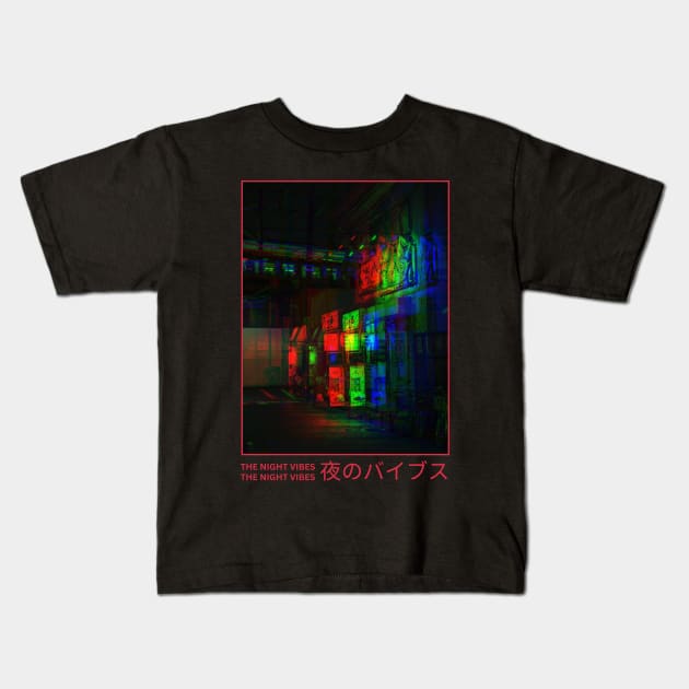 The Night Vibes Japanese Aesthetic Design Kids T-Shirt by Ampzy